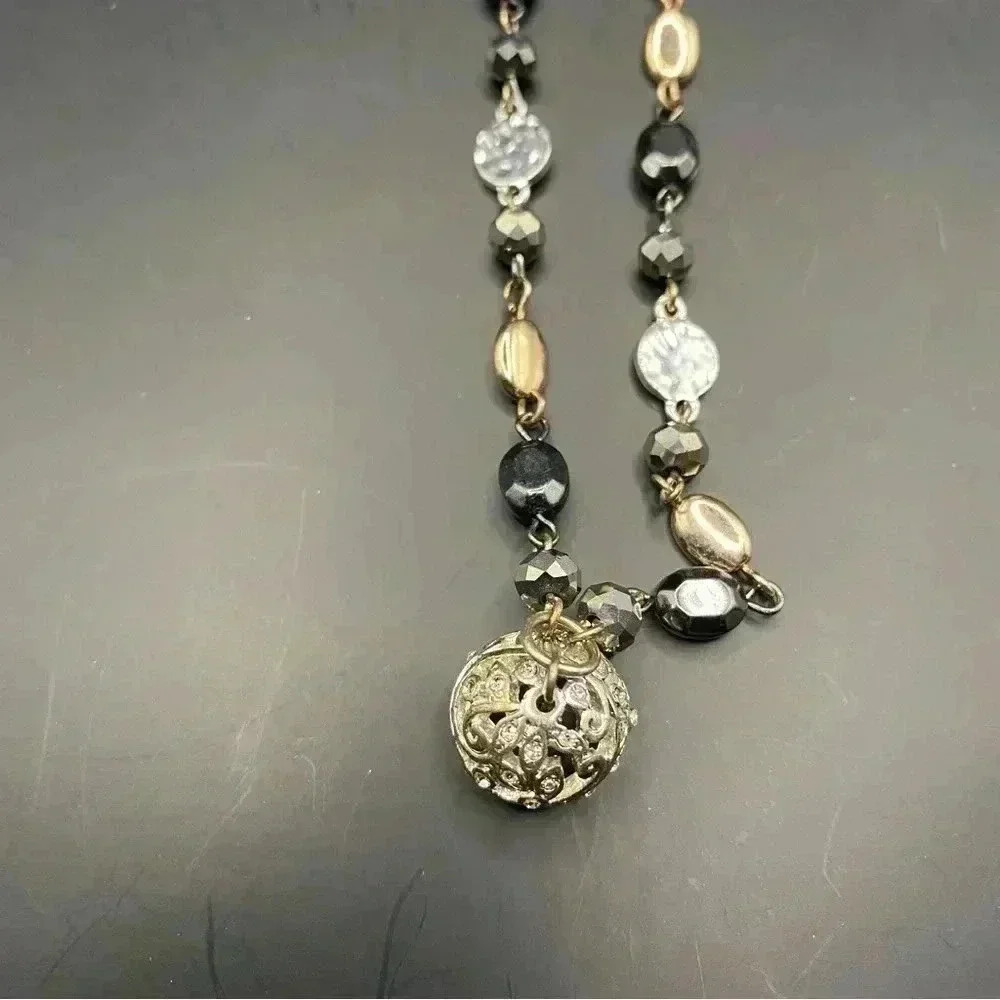 VGT Gold & Silver Black & Crystal Tones Beaded Necklace Silver-tone Bell Pendant - Picture 4 of 11